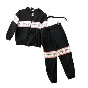 Chiara Ferragni Girls Size 10 Sweatsuit Hoodie Sweatpants 2 Piece Eye Black Pink